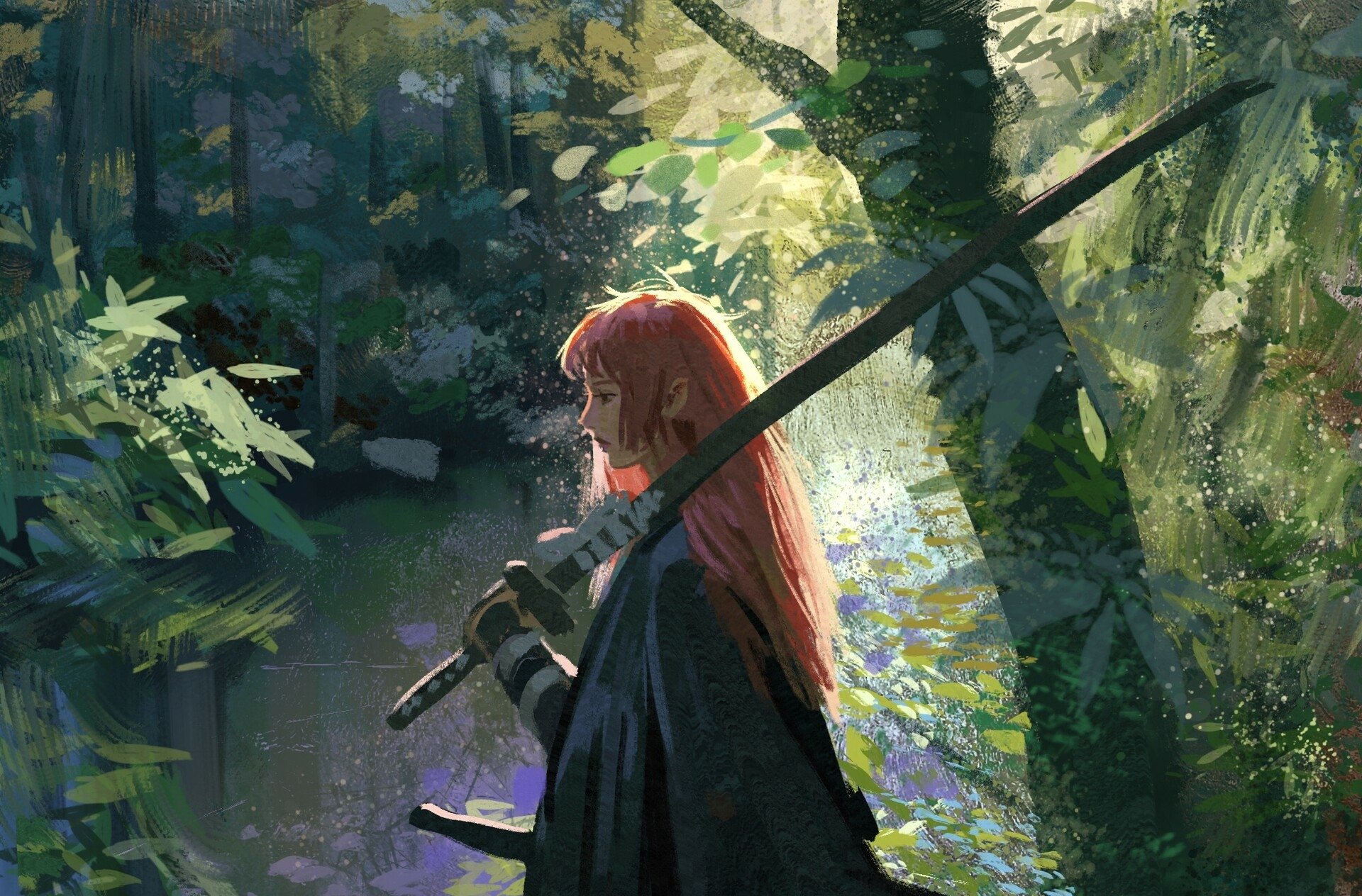 HD fantasy PC wallpaper depicting a woman samurai warrior standing calmly in a serene forest with sunlight filtering through the trees, her sword resting on her shoulder.
