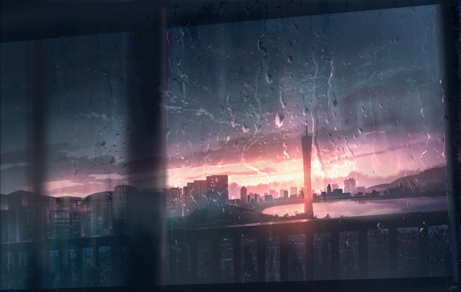 Anime-style rainy city sunset seen through a rain-speckled window, glowing skyline and river — 2K Quad HD PC desktop wallpaper/background