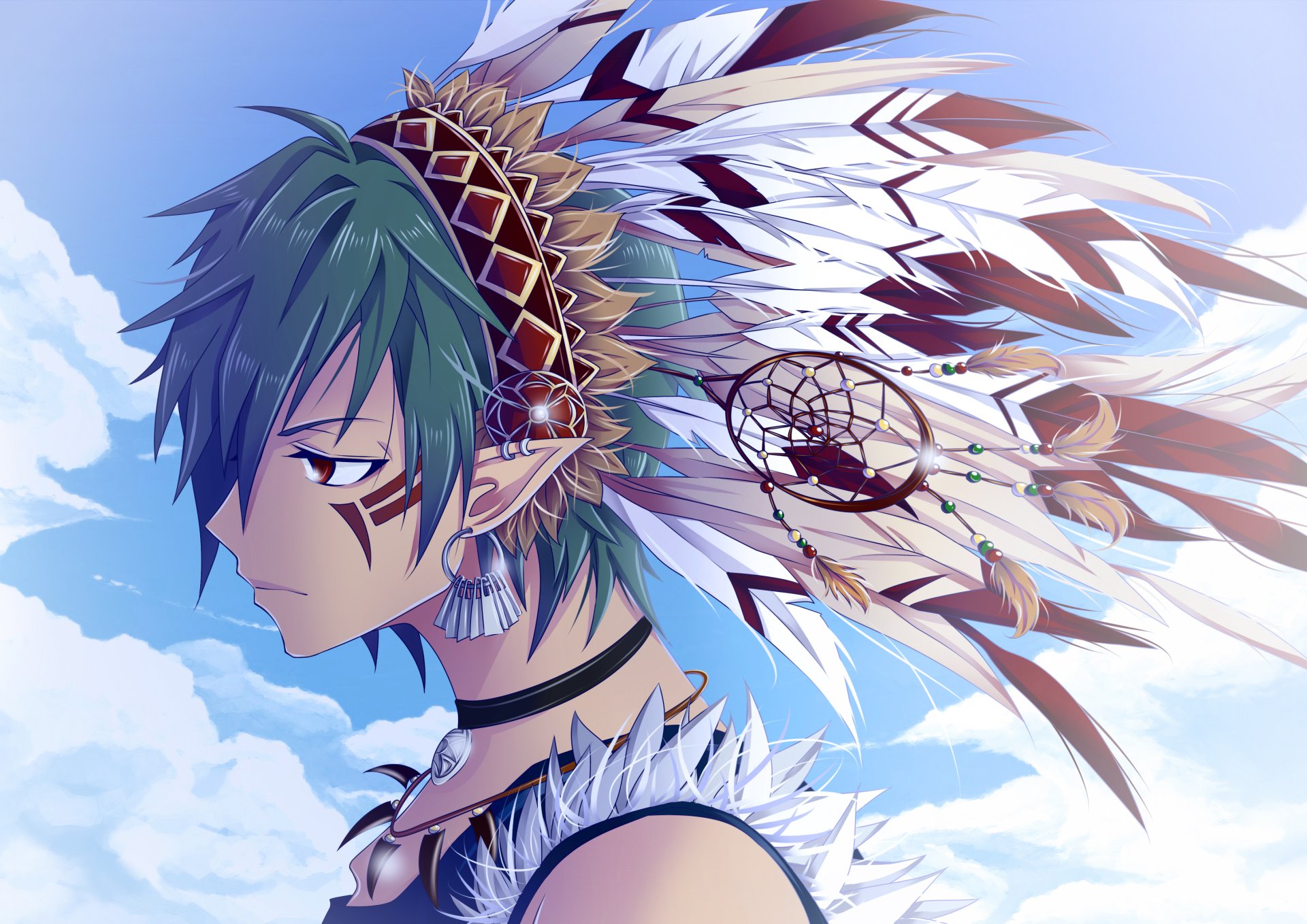Anime boy wearing an ornate feathered headdress with dreamcatcher accents, gazing into a blue sky — vibrant 2K Quad HD PC desktop wallpaper.