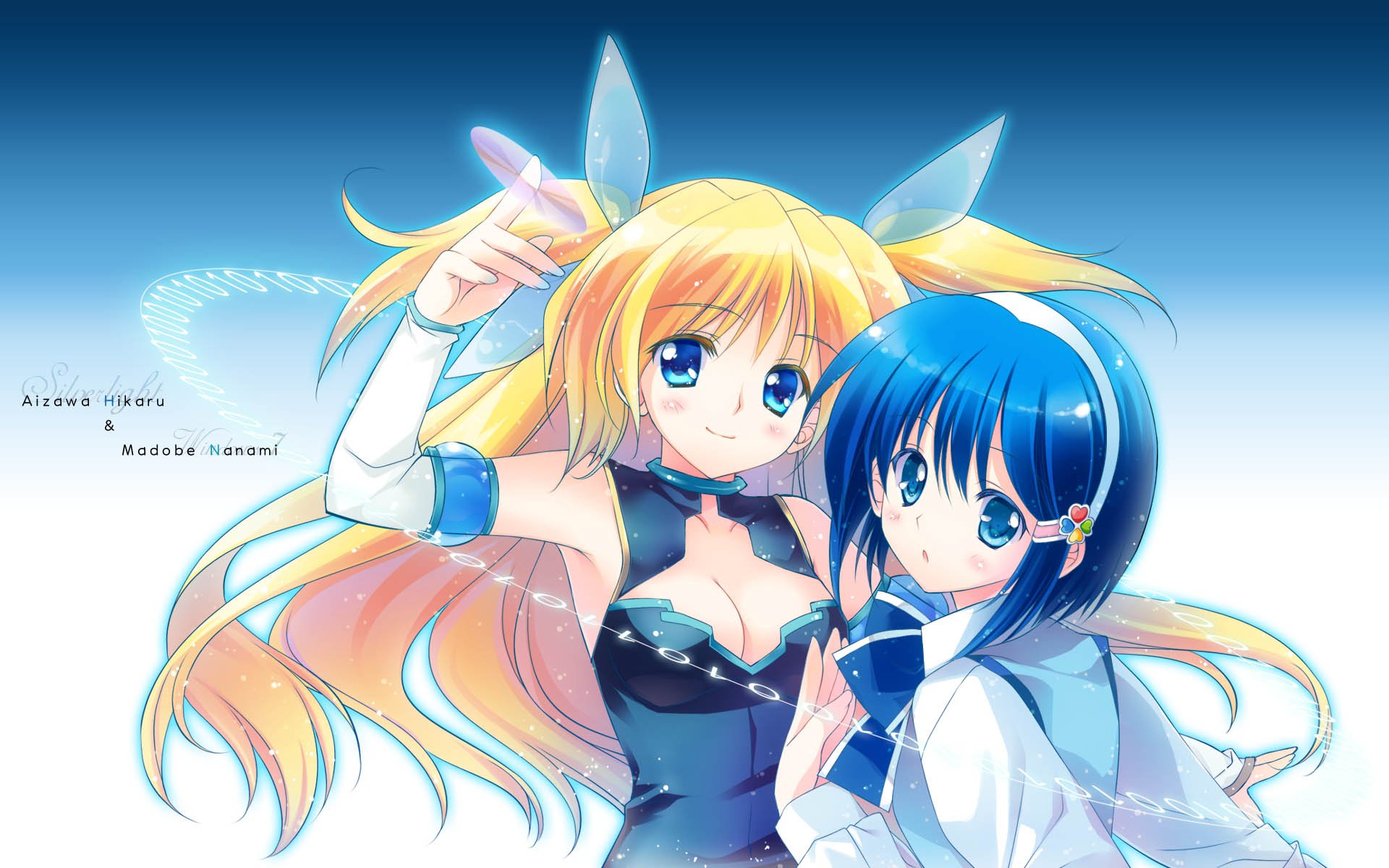 Anime-style Os-tan characters with vibrant blue and blonde hair pose together in this HD PC desktop wallpaper and background.