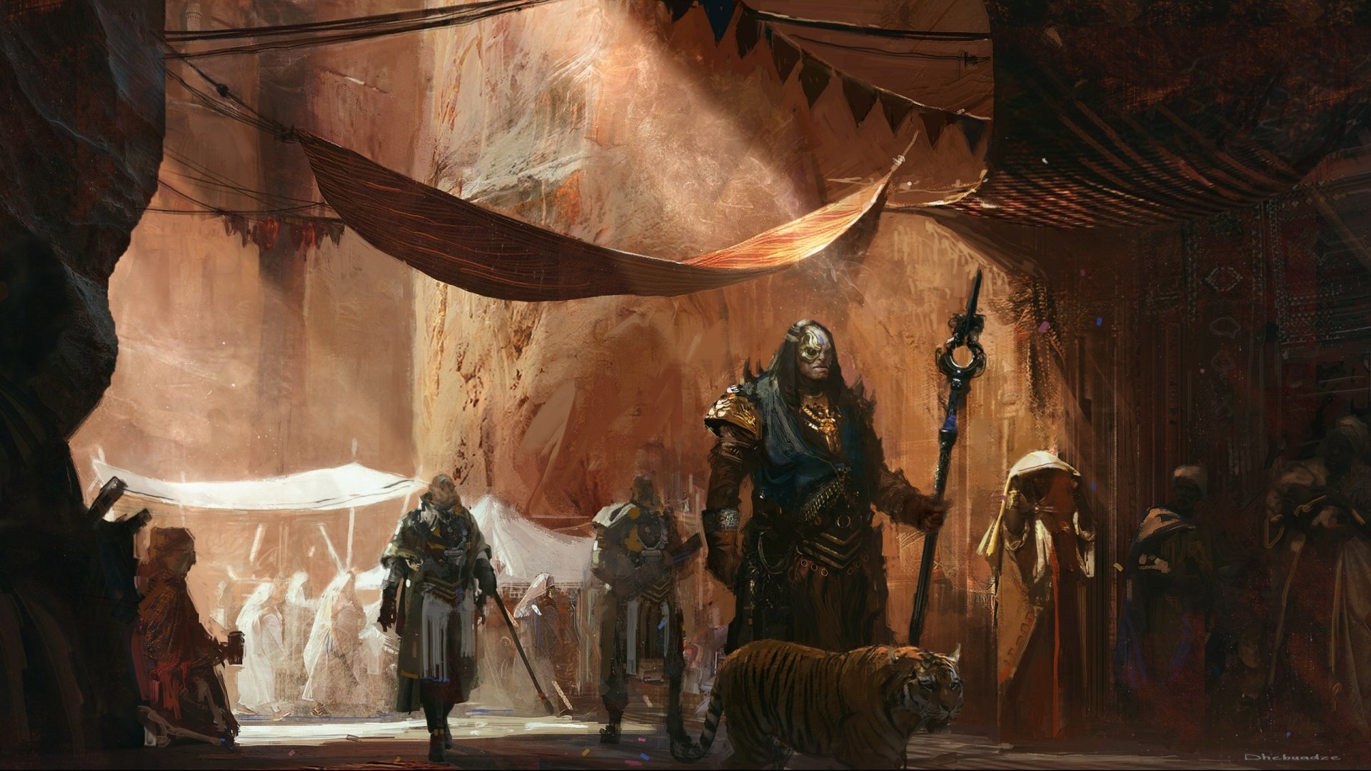 A fantasy warrior in armor stands confidently with a staff beside a tiger in a sunlit, rocky market scene, captured in an HD PC desktop wallpaper.