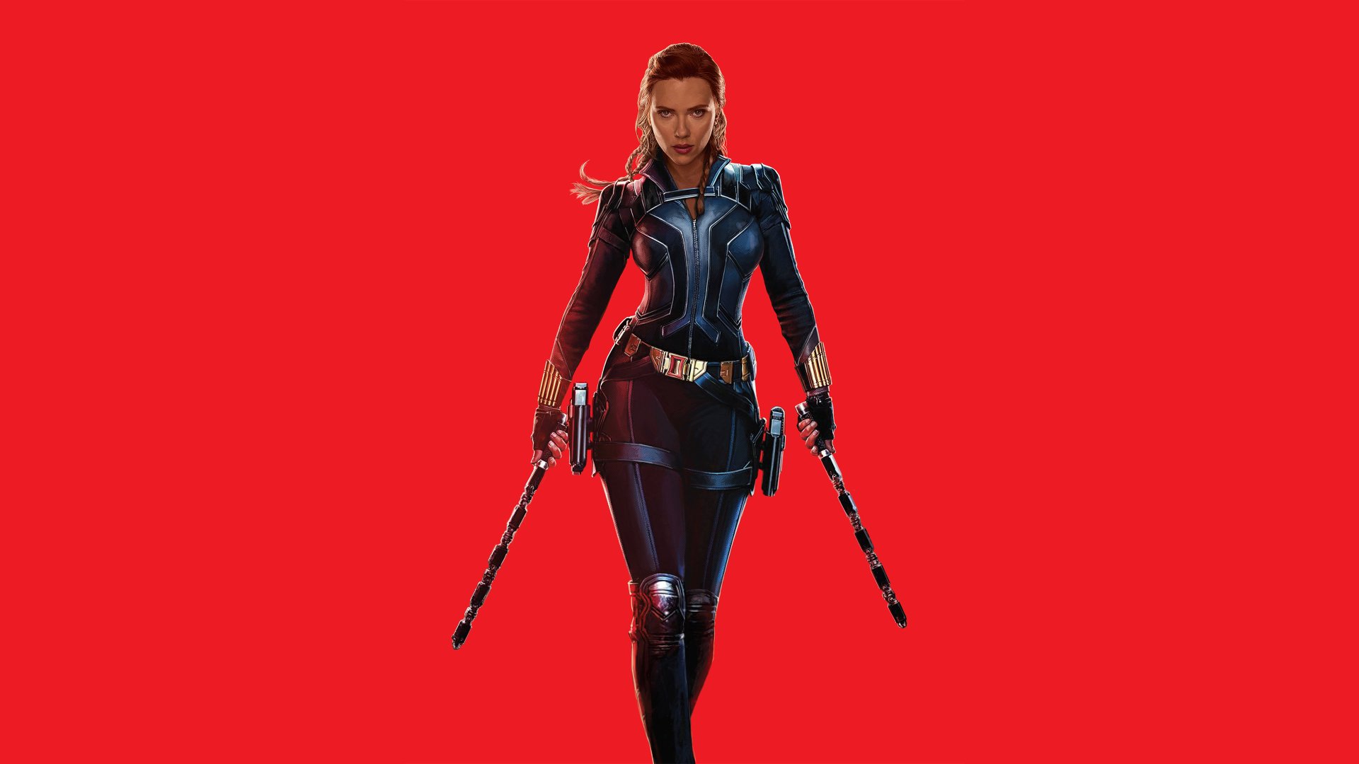 Scarlett Johansson as Natasha Romanoff from the Black Widow movie, featured in a striking 4K Ultra HD PC desktop wallpaper with a bold red background.