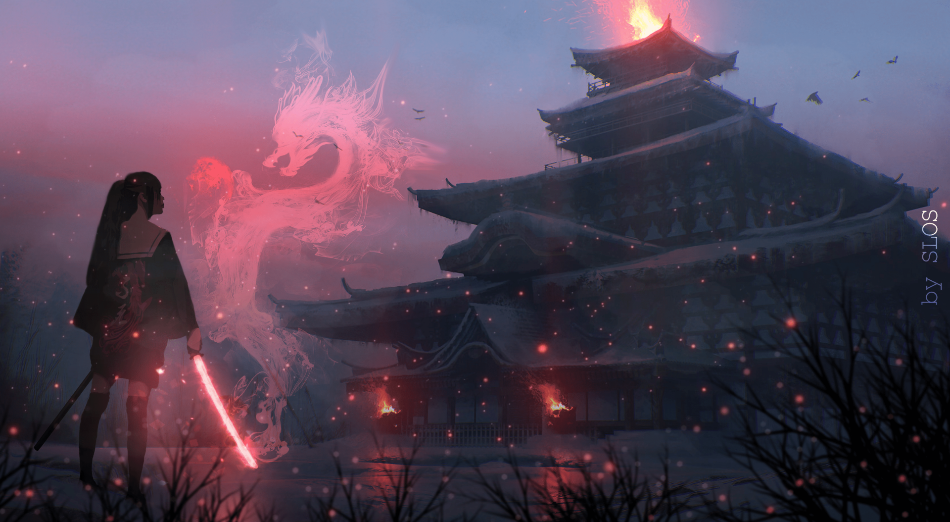 A fantasy HD PC desktop wallpaper featuring a woman warrior with a glowing sword facing a fiery dragon spirit against the backdrop of a dark, ancient temple.