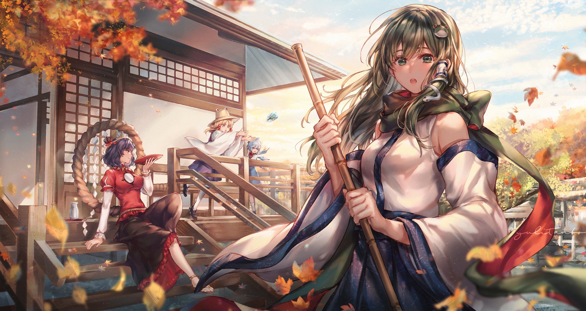 HD Touhou desktop wallpaper featuring Sanae Kochiya holding a staff in the foreground, with Kanako Yasaka, Suwako Moriya and Cirno at a shrine amid autumn leaves.