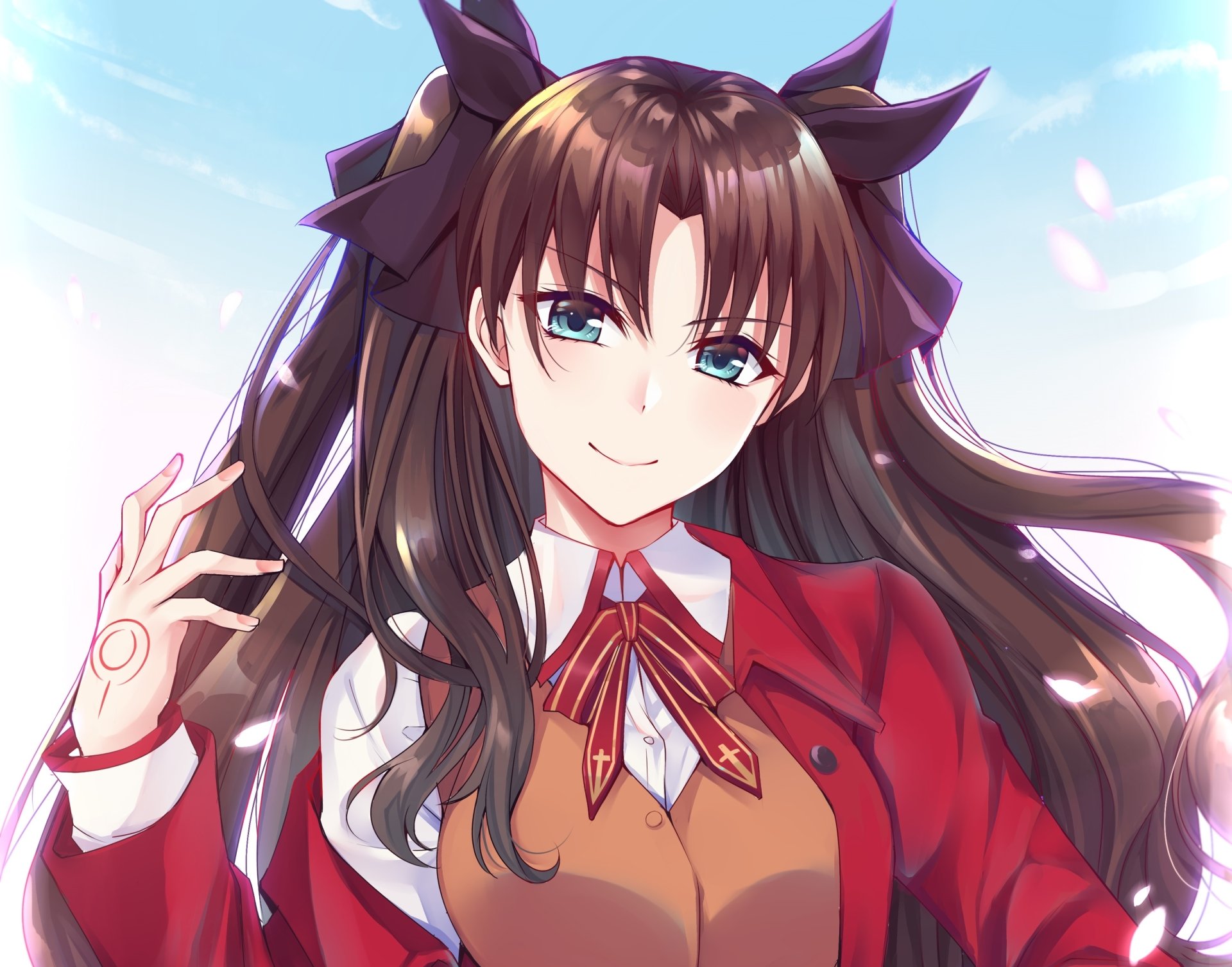 HD PC desktop wallpaper featuring Rin Tohsaka from the anime Fate/Stay Night, with flowing dark hair, blue eyes, and a red outfit against a bright sky background.