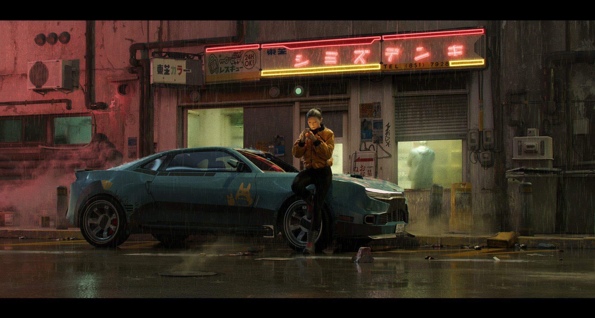 A cyberpunk street at night featuring a futuristic sports car and a person standing nearby, illuminated by vibrant neon signs in an HD PC desktop wallpaper style.