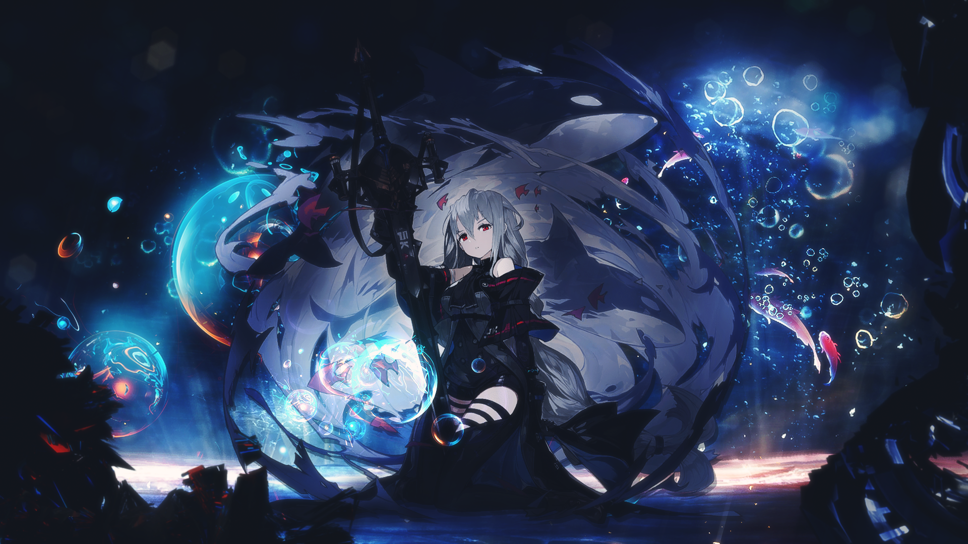 HD PC desktop wallpaper featuring Skadi from the video game Arknights, showcasing her surrounded by glowing aquatic elements in a dark, mystical setting.