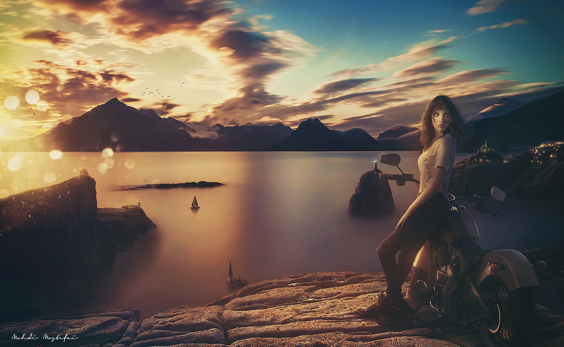 Download Landscape Sunset Woman Girls & Motorcycles HD Wallpaper by Mehdi Mostefaï
