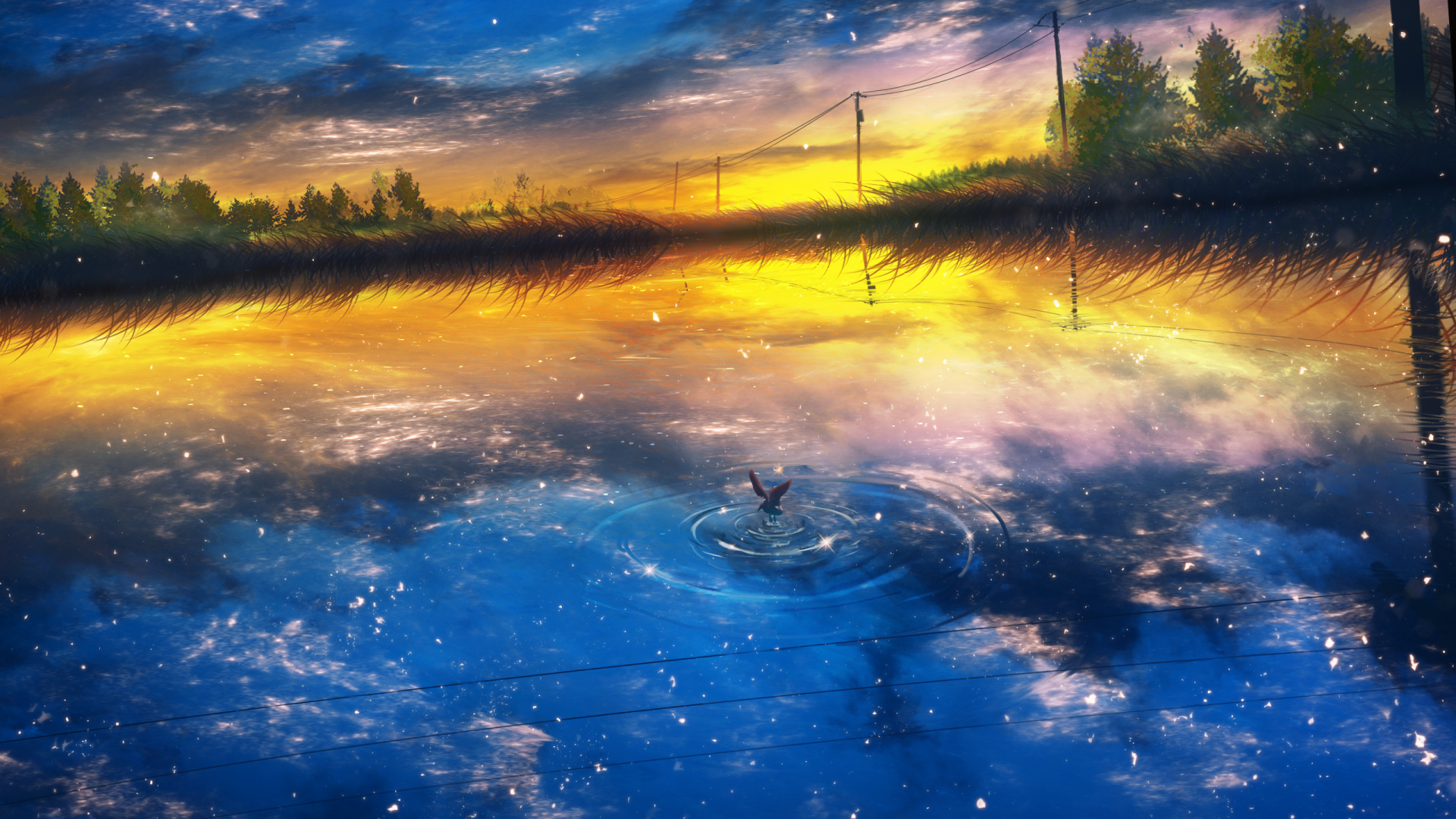 Anime-style HD desktop wallpaper featuring a vibrant sunset over a lake, with power lines and serene reflections creating a peaceful and colorful atmosphere.