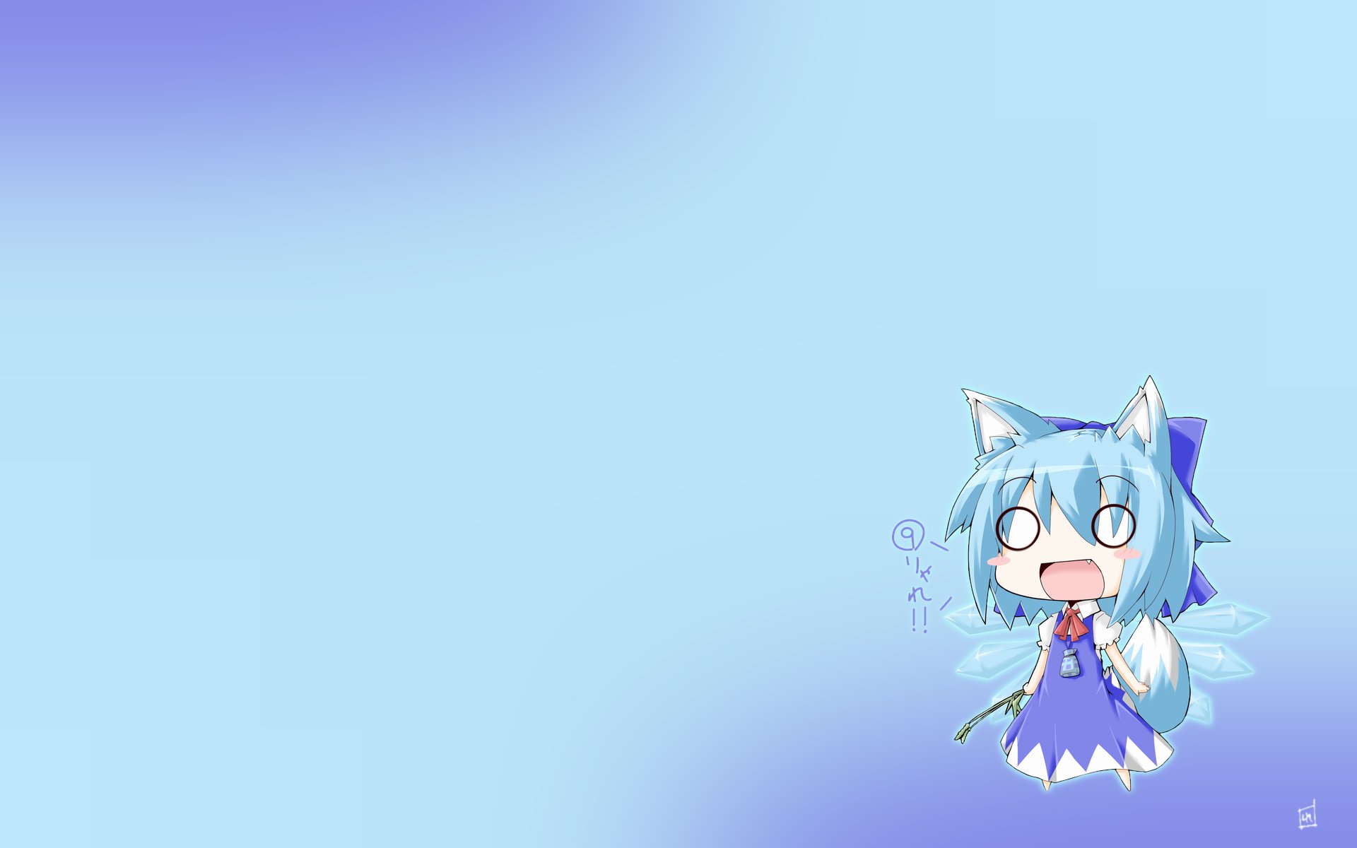 HD anime desktop wallpaper featuring Cirno from Touhou with a light blue gradient background and her iconic blue dress and icy wings.