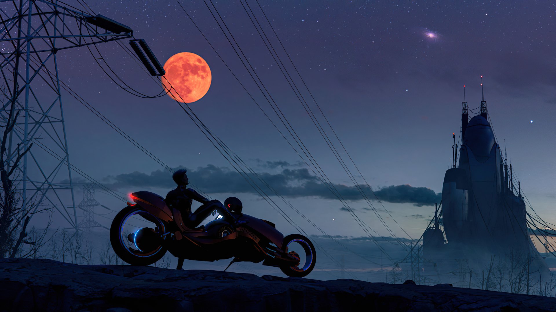 A silhouette of a futuristic motorcycle and rider under a glowing red moon, with cyberpunk cityscape and power lines in a dark, sci-fi 4K Ultra HD desktop wallpaper.