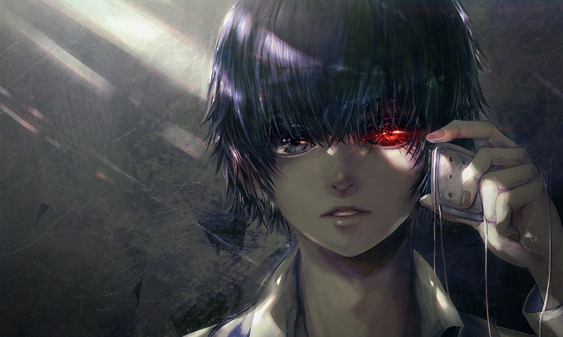 HD PC desktop wallpaper featuring Ken Kaneki from the anime Tokyo Ghoul, showcasing his dark hair and glowing red eye in a dramatic, moody atmosphere.