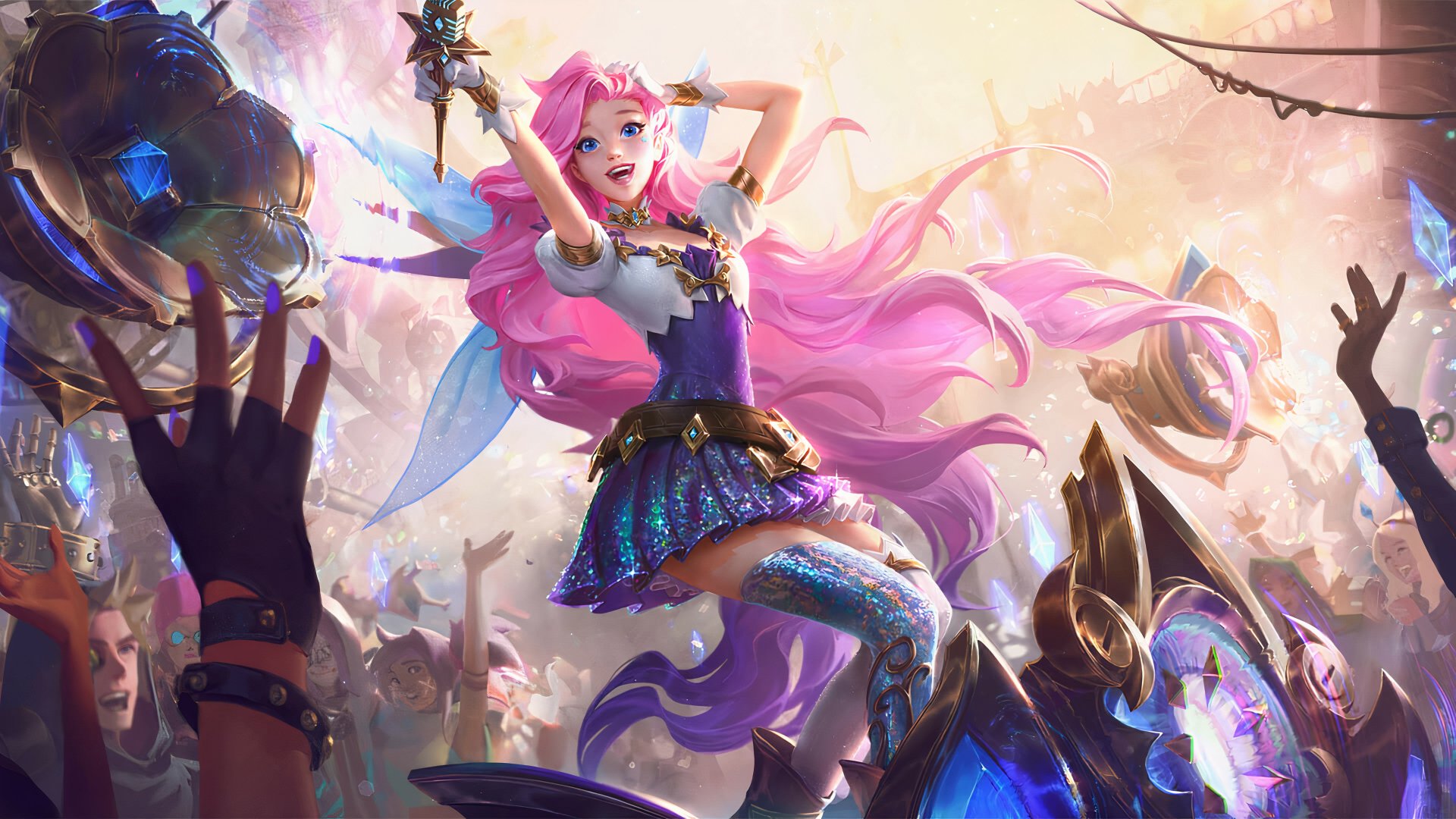 4K Ultra HD wallpaper of Seraphine from League of Legends' K/DA, featuring her long pink hair and striking blue eyes in a vibrant, dynamic scene.