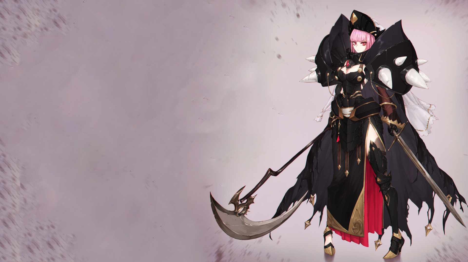 HD desktop wallpaper featuring Mori Calliope, a Virtual YouTuber, depicted in anime style with a dark, intricate outfit and a large scythe.