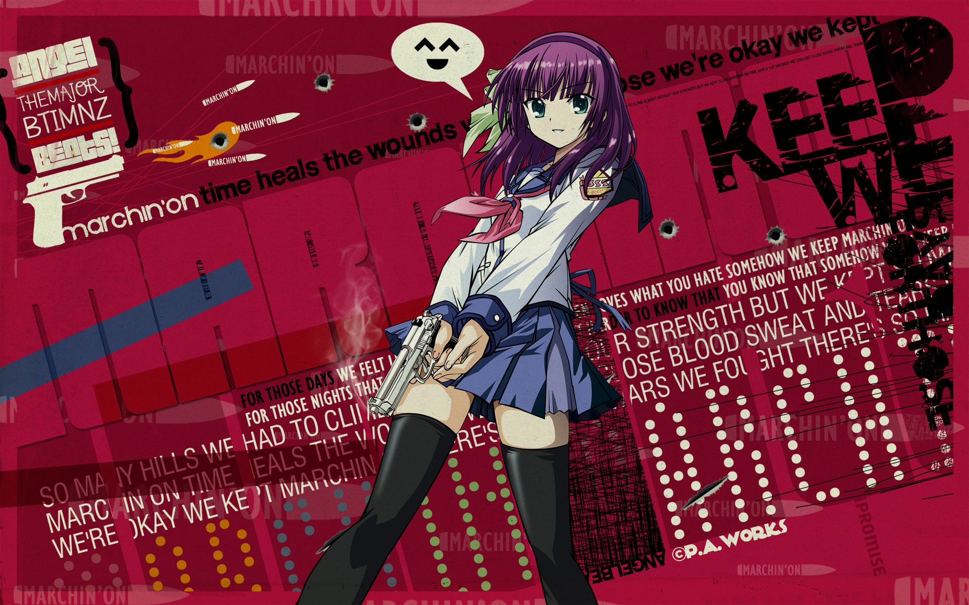 Yuri Nakamura from Angel Beats! stands confidently in a skirt and thigh highs, set against a vibrant red background filled with dynamic text and graphics.