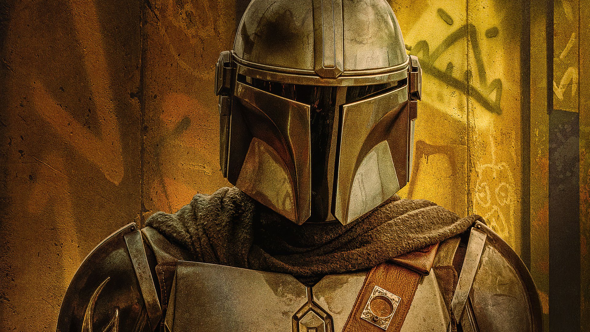 4K Ultra HD wallpaper featuring The Mandalorian from the Star Wars TV show, showcasing the armored character in a dimly lit, graffiti-marked setting.