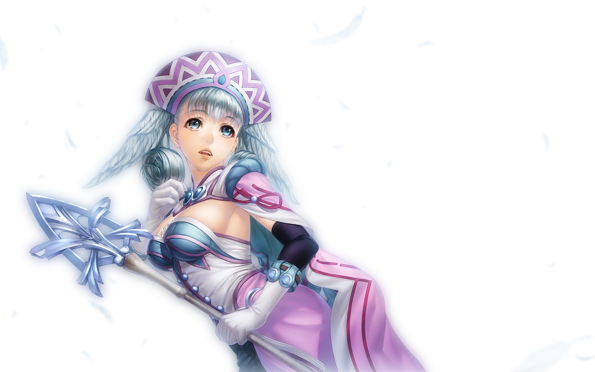 HD PC desktop wallpaper background: Anime Xenoblade/Xenosaga-style pastel-clad female character with blue hair and a crystalline staff floating on a white backdrop.