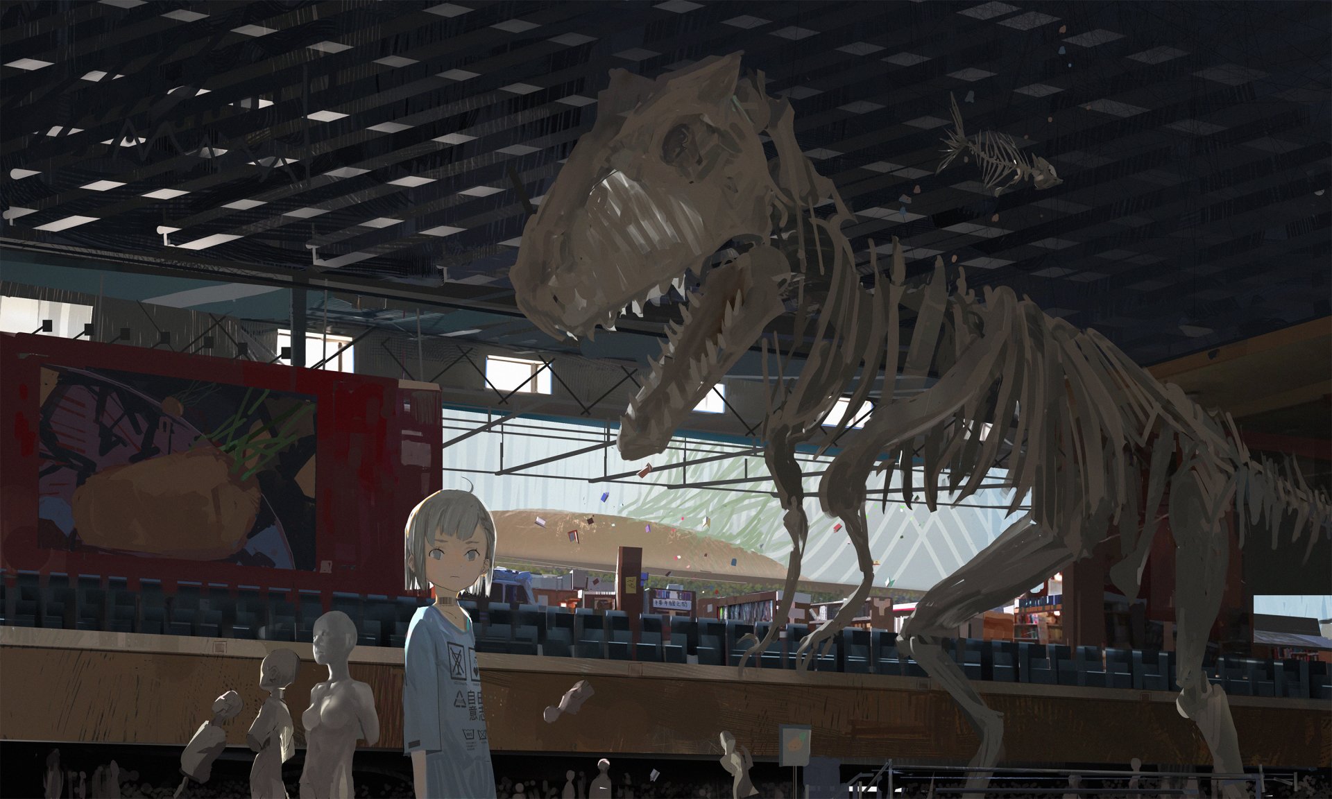 Anime-style HD desktop wallpaper featuring a dinosaur skeleton in a museum setting with anime characters observing the exhibit.