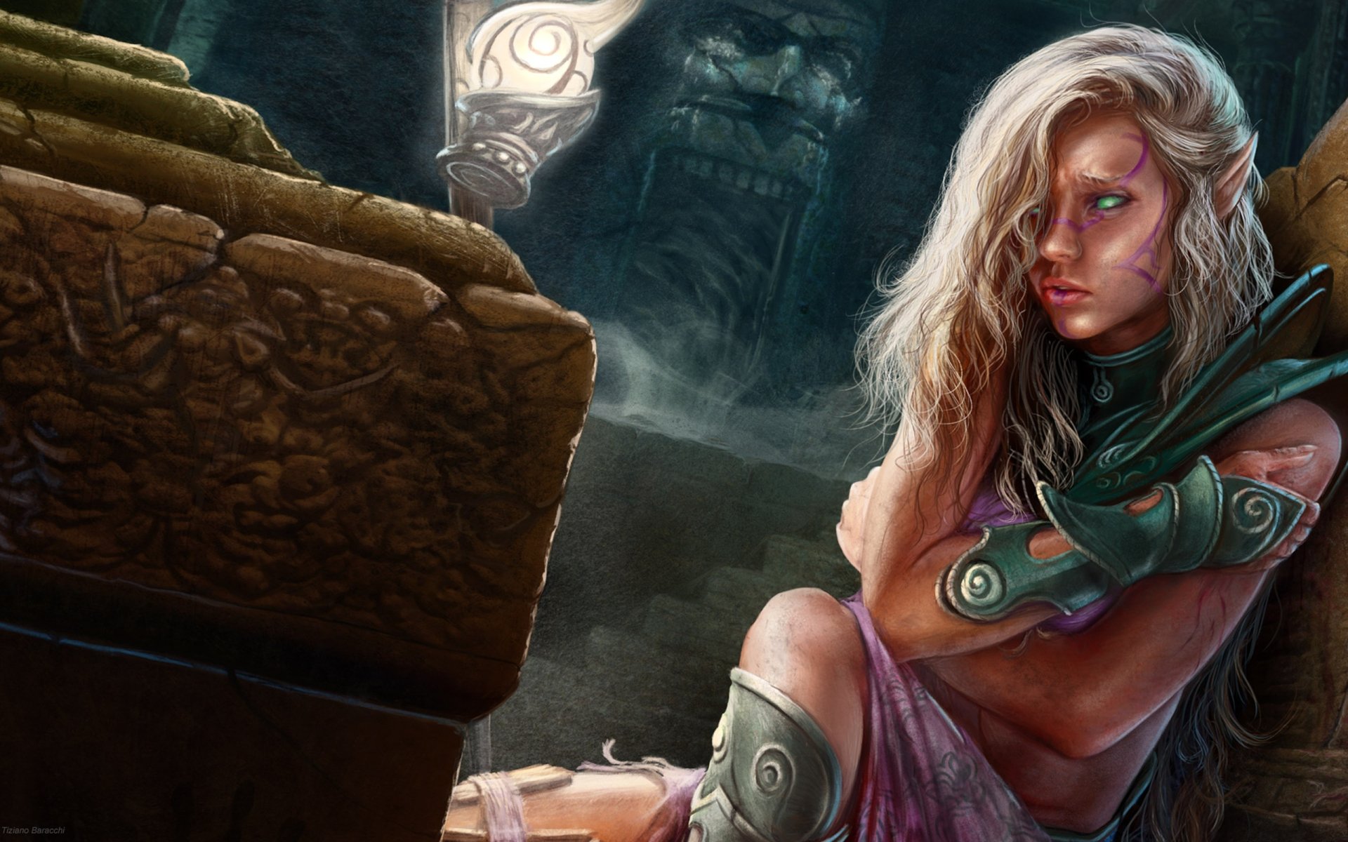 HD fantasy desktop wallpaper depicting a mystical elf with glowing eyes seated beside ancient stone structures under a dark, enchanted sky.