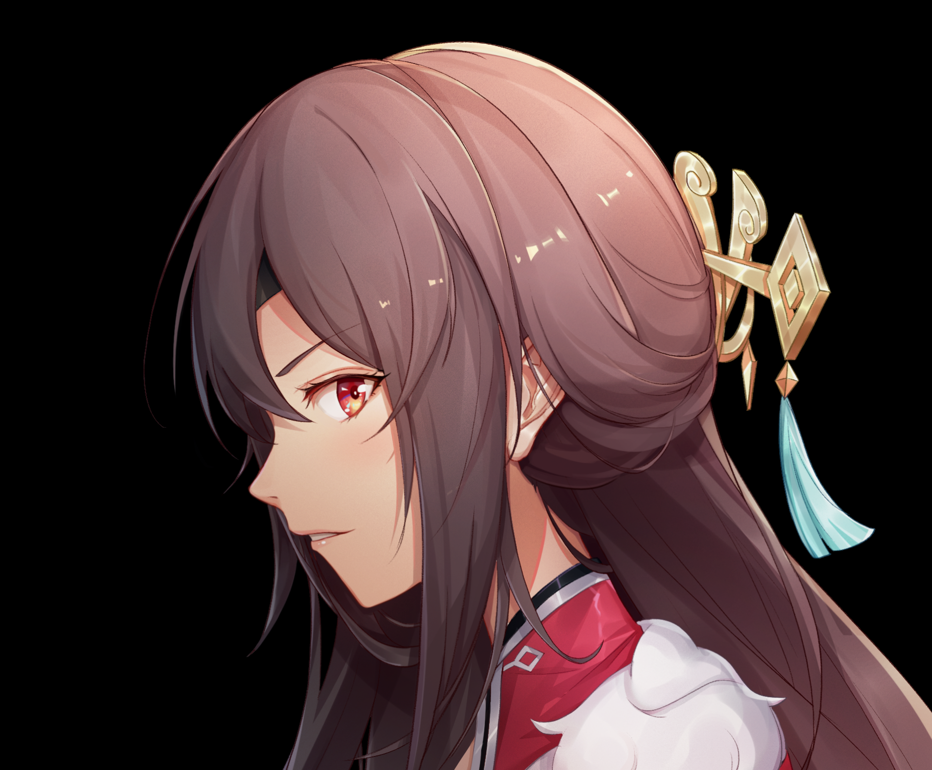 HD PC desktop wallpaper featuring Beidou from the video game Genshin Impact, showcasing her detailed profile with elegant hair accessories and a focused expression.