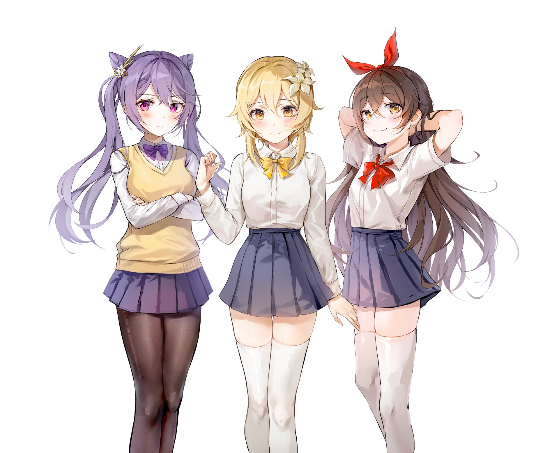 4690x3798 Keqing, Lumine, and Amber in their high school uniform by はるさめ Wa...