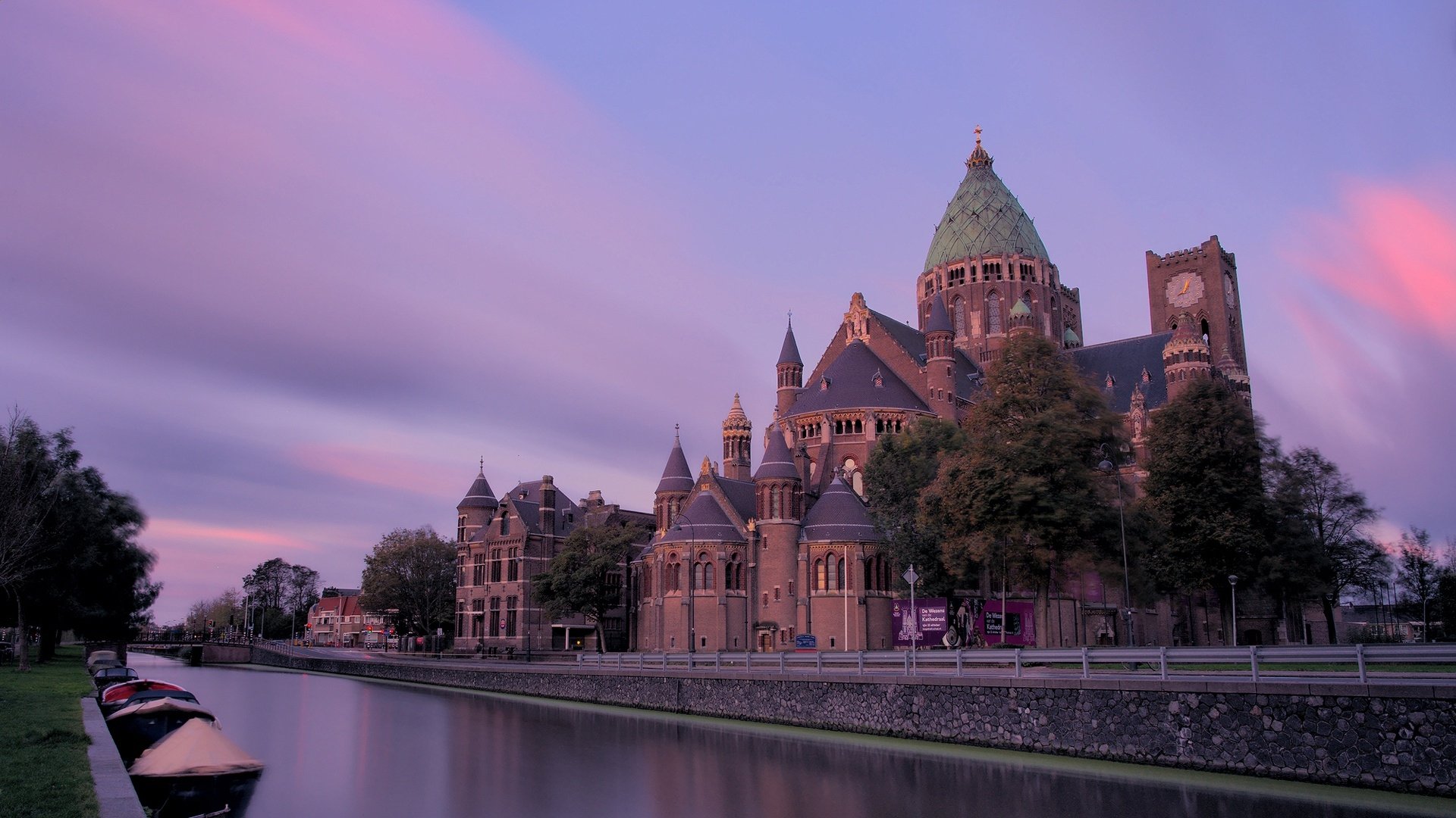 Download Architecture Canal Church Boat Haarlem Netherlands Religious Cathedral HD Wallpaper