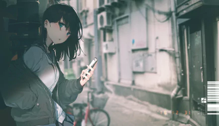 HD anime-style original artwork of a girl with dark hair holding a phone in an urban alley, designed as a PC desktop wallpaper and background.