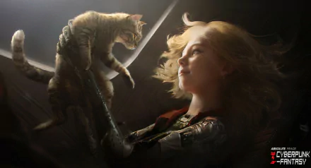 A cyberpunk-themed HD PC wallpaper featuring a woman with a robotic arm holding a cat amid futuristic lighting.