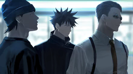 HD desktop wallpaper featuring anime characters Kento Nanami, Takuma Ino, and Megumi Fushiguro from Jujutsu Kaisen, depicted in a low-light setting with serious expressions.