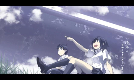 Original anime HD PC desktop wallpaper/background: two high school students in uniform sit in grass beneath a purple, cloudy sky; a girl points and laughs while a boy looks on.