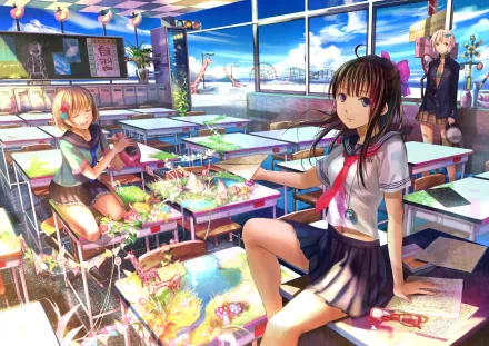 A vibrant HD desktop wallpaper featuring anime girls in a lively classroom setting, filled with colorful decorations and a bright sky visible through the windows.