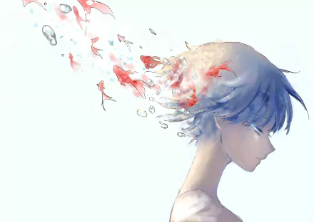 Anime original HD PC desktop wallpaper and background: serene blue-haired profile with goldfish and petals dissolving into watercolor currents against a pale, minimalist backdrop.
