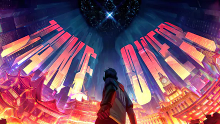 4K Ultra HD PC desktop wallpaper from the video game League of Legends: a lone champion faces a neon cityscape as colossal glowing letters arc across the night sky.