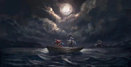 Anime-style HD wallpaper featuring two characters named Noah on a small boat at night, under a glowing moon with dramatic clouds above a dark sea.