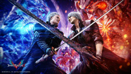 HD PC desktop wallpaper featuring Vergil and Dante from Devil May Cry 5, showcasing intense action and supernatural energy in a vivid video game scene.
