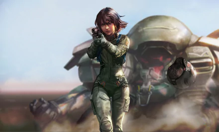 Futuristic woman warrior in sleek armor aiming forward, set against a sci-fi battlefield with a giant armored mech, rendered in 4K Ultra HD for PC desktop.