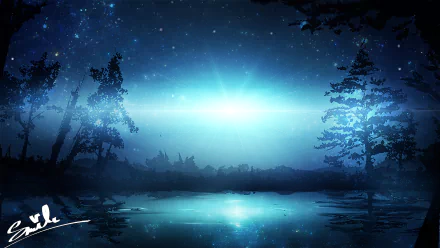 Anime-style night scene with glowing blue light over a calm lake, framed by silhouetted trees, designed as an HD PC desktop wallpaper and background.