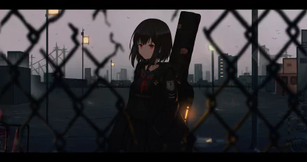 Anime warrior with short hair and red eyes stands in a cityscape background, framed by a chain-link fence. This HD desktop wallpaper exudes a blend of urban and warrior themes.