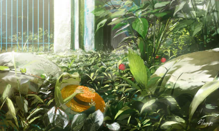 Anime-style HD desktop wallpaper showcasing a vibrant frog resting among lush green plants and nature with soft sunlight filtering through a forested area.