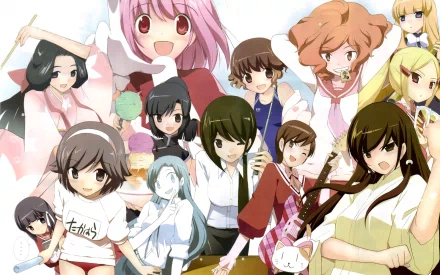 A vibrant HD desktop wallpaper featuring a collage of characters from the anime The World God Only Knows, showcasing their distinct personalities and expressions.