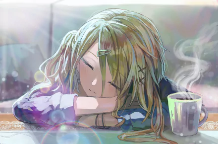 HD anime desktop wallpaper featuring Mei Izumi from The iDOLM@STER: Shiny Colors, peacefully resting her head on folded arms beside a steaming cup.