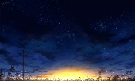 HD anime desktop wallpaper showcasing a vibrant sunrise beneath a starry sky, blending night and dawn over a silhouetted landscape.