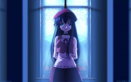 Anime Sola HD PC desktop wallpaper background — long-haired girl in a beret and dress stands before a glowing blue stained-glass window.