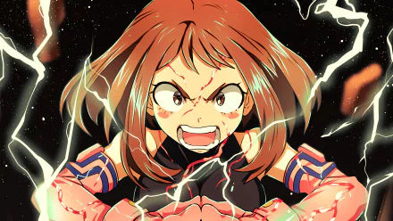 HD image of Ochaco Uraraka from My Hero Academia, showing her in a dynamic and intense pose with electricity crackling around her. This anime wallpaper captures her fierce determination.