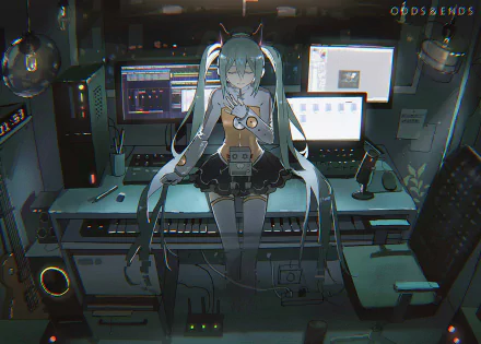 HD PC desktop wallpaper featuring Hatsune Miku in an anime-style Vocaloid setting, surrounded by music production equipment and glowing screens in a dimly lit studio.