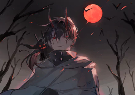An HD wallpaper of Nacht from Black Clover. The image features Nacht under a red moon with a shadowy figure on his shoulder, set against a background of barren trees.