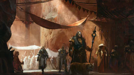 A fantasy warrior in armor stands confidently with a staff beside a tiger in a sunlit, rocky market scene, captured in an HD PC desktop wallpaper.