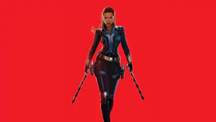 Scarlett Johansson as Natasha Romanoff from the Black Widow movie, featured in a striking 4K Ultra HD PC desktop wallpaper with a bold red background.