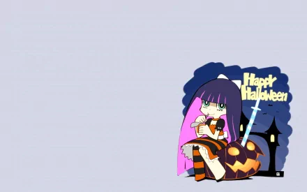 HD anime Halloween wallpaper featuring a character from Panty & Stocking with Garterbelt sitting beside a carved pumpkin and a Happy Halloween sign.