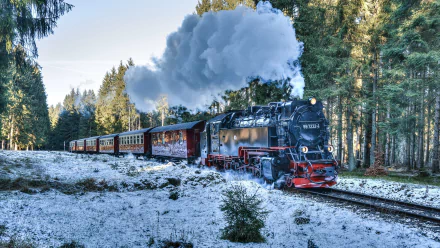 HD desktop wallpaper featuring a vintage steam train chugging through a snowy forest landscape with tall evergreen trees and clear skies.